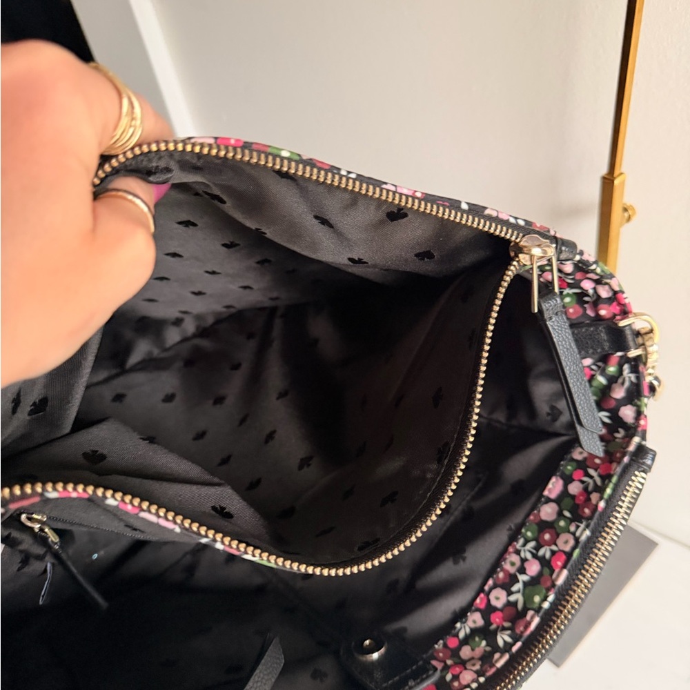 kate spade Black Floral Tote with Pink and White Blossoms and Green Leaves - Picture 8 of 14